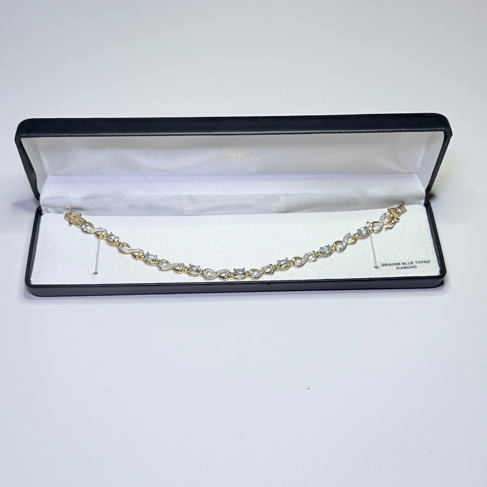 18KT Gold Over Silver Blue Topaz Diamond Infinity Link‎ Bracelet 925 China